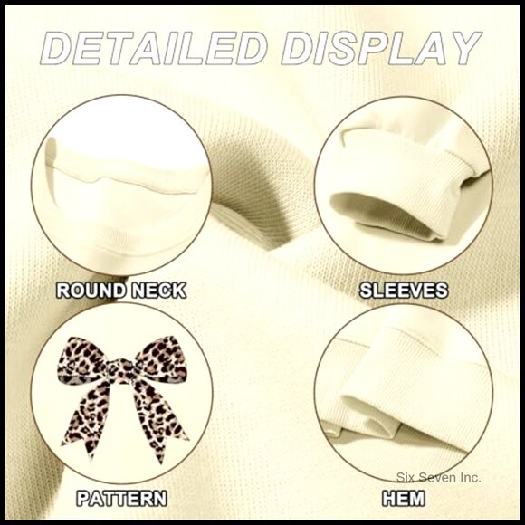 Leopard Print Bow Graphic Sweatshirt Preppy Pullover Trendy Casual Crewneck - Picture 7 of 7